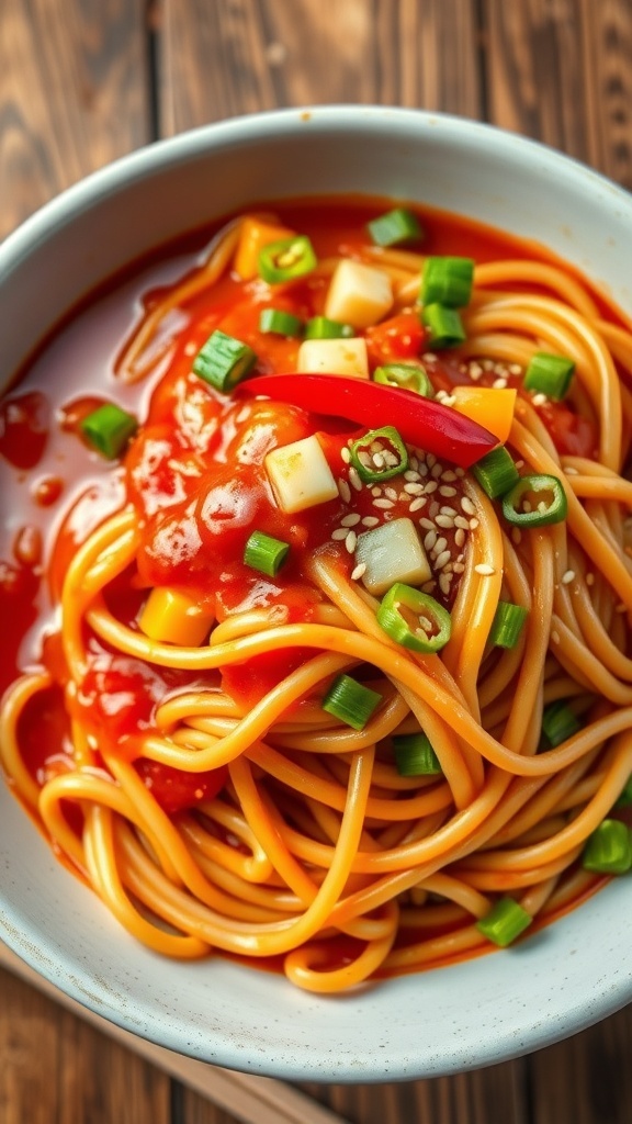 A bowl of spicy fire noodles with vegetables, garnished with green onions and sesame seeds on a wooden table.